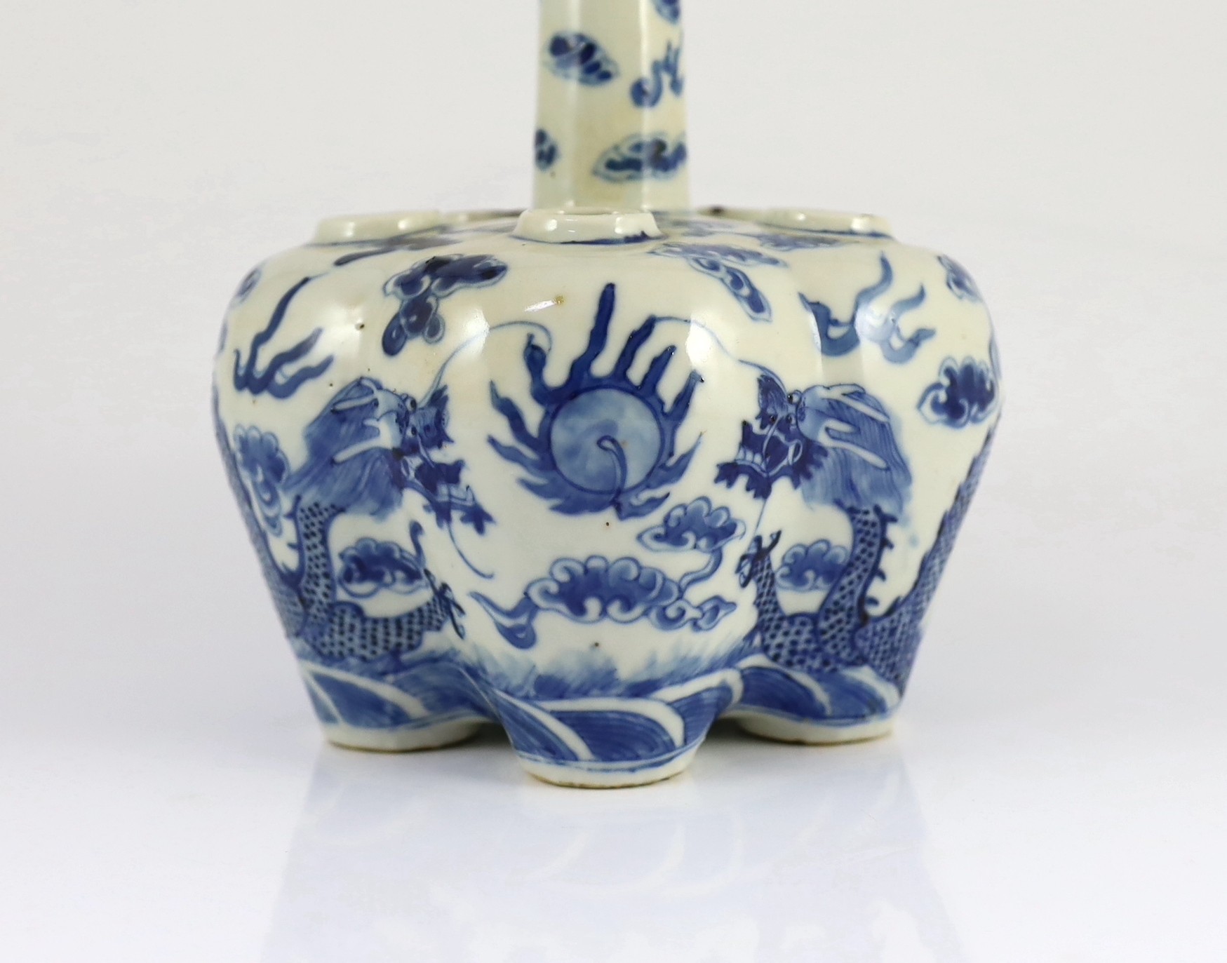 A Chinese blue and white ’dragon’ tulip vase, 19th century, 25cm high, splinter chips